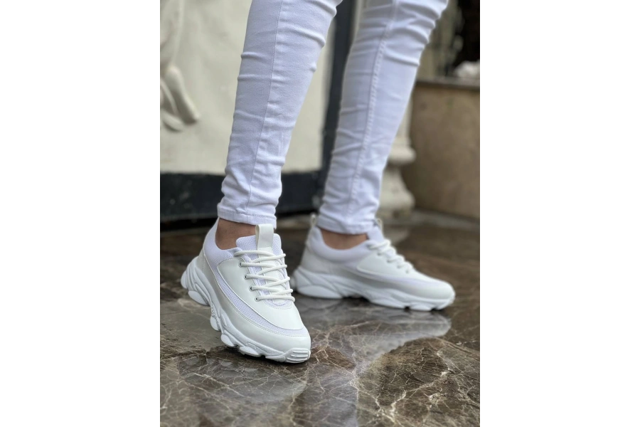 Shoecide Kb-707 Beyaz Cilt Yüksek Taban Bağcıklı Günlük Erkek Ayakkabı