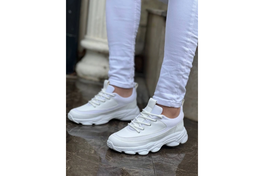 Shoecide Kb-707 Beyaz Cilt Yüksek Taban Bağcıklı Günlük Erkek Ayakkabı