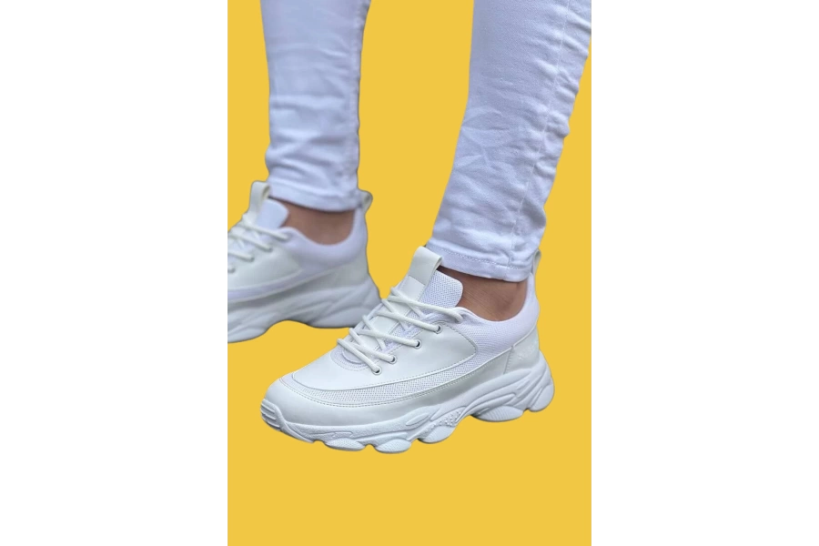 Shoecide Kb-707 Beyaz Cilt Yüksek Taban Bağcıklı Günlük Erkek Ayakkabı
