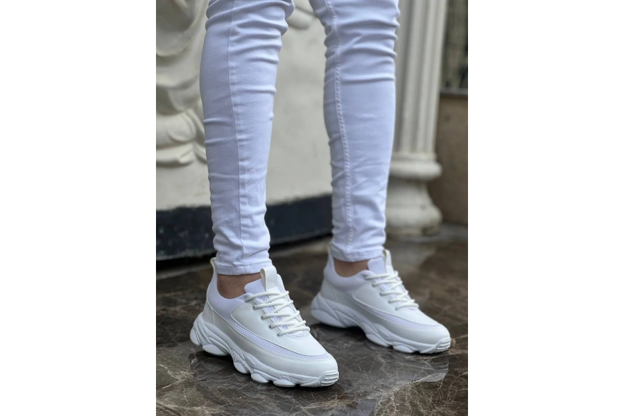 Shoecide Kb-707 Beyaz Cilt Yüksek Taban Bağcıklı Günlük Erkek Ayakkabı