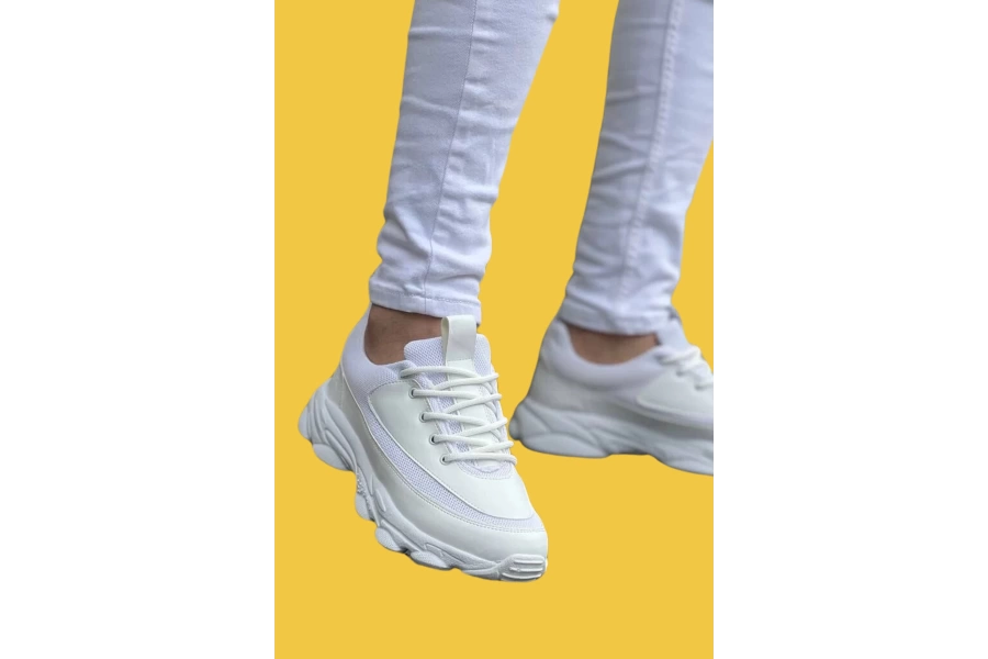 Shoecide Kb-707 Beyaz Cilt Yüksek Taban Bağcıklı Günlük Erkek Ayakkabı