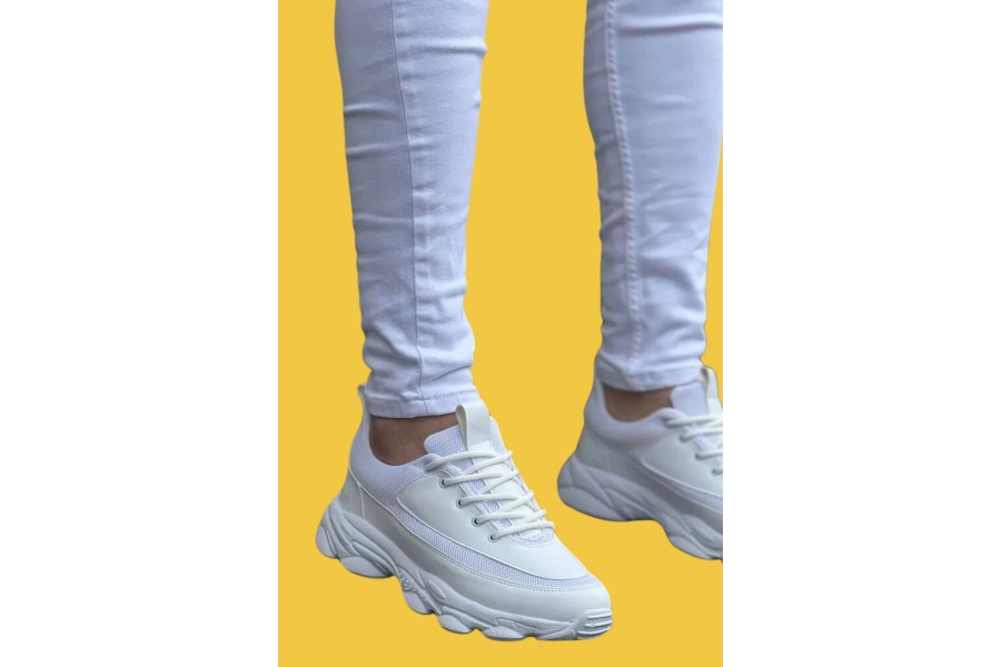 Shoecide Kb-707 Beyaz Cilt Yüksek Taban Bağcıklı Günlük Erkek Ayakkabı