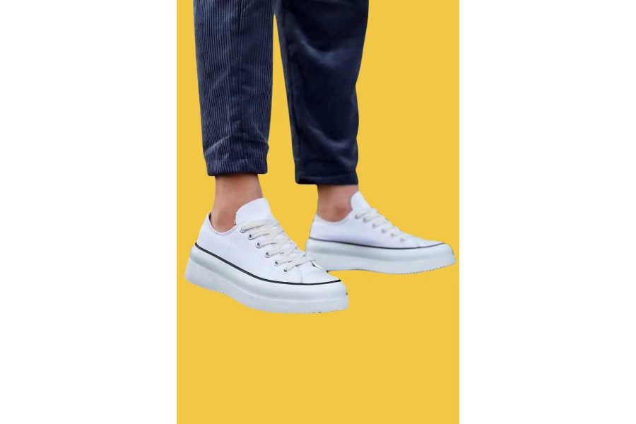 Shoecide Kb-cx-3 Bağcıklı Rahat Yaban Kısa Beyaz Keten Erkek Beyaz Yüksek Taban Spor Ayakkabı