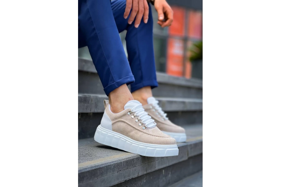 Shoecide Kb-x10 Bej Süet Beyaz Yüksek Taban Günlük Spor Ayakkabı