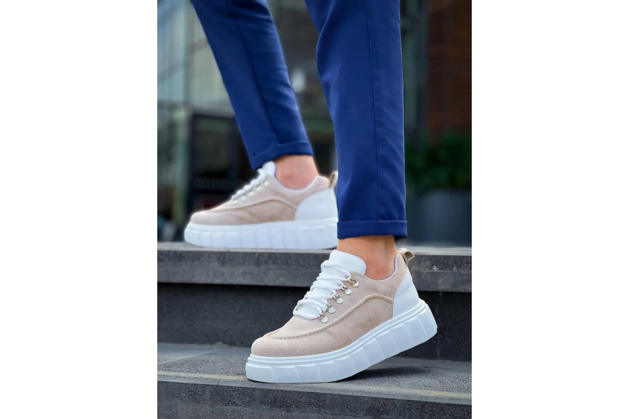 Shoecide Kb-x10 Bej Süet Beyaz Yüksek Taban Günlük Spor Ayakkabı