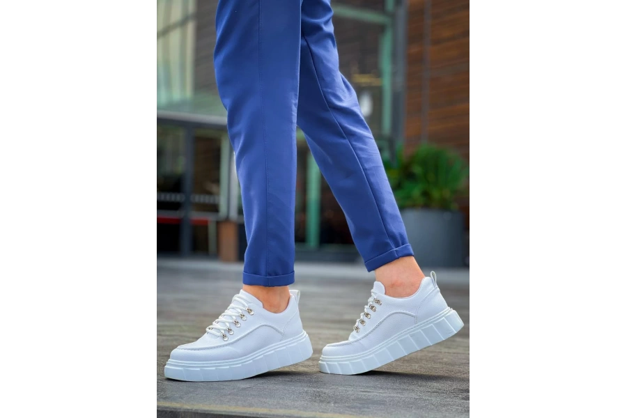 Shoecide Kb-x10 Beyaz Cilt  Beyaz Yüksek Taban Günlük Spor Ayakkabı