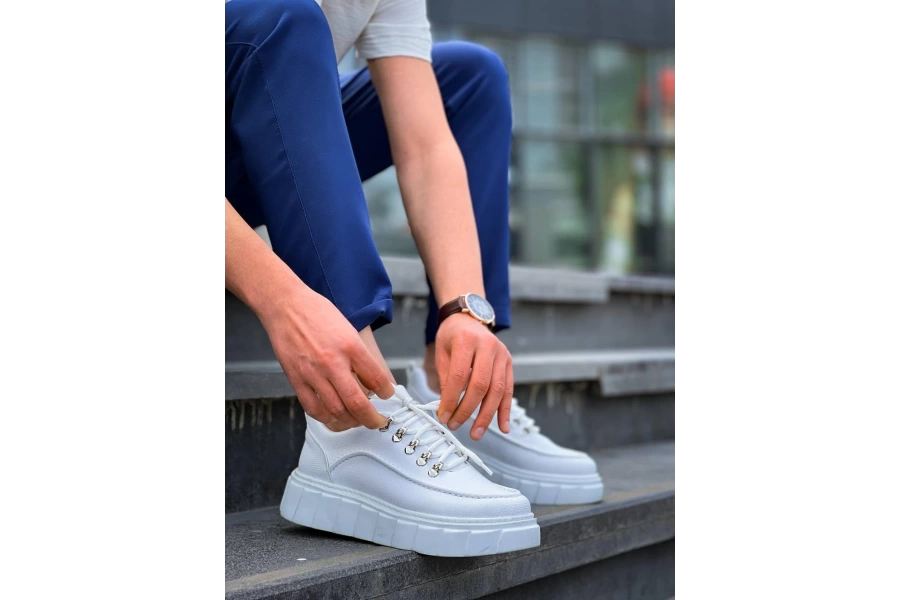 Shoecide Kb-x10 Beyaz Cilt  Beyaz Yüksek Taban Günlük Spor Ayakkabı