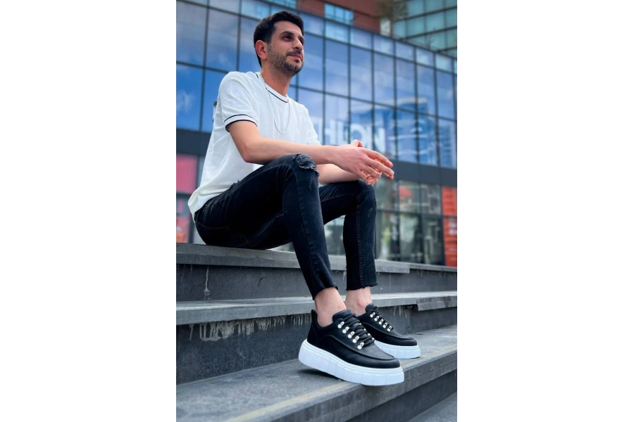 Shoecide Kb-x10 Siyah Cilt  Beyaz Yüksek Taban Günlük Spor Ayakkabı