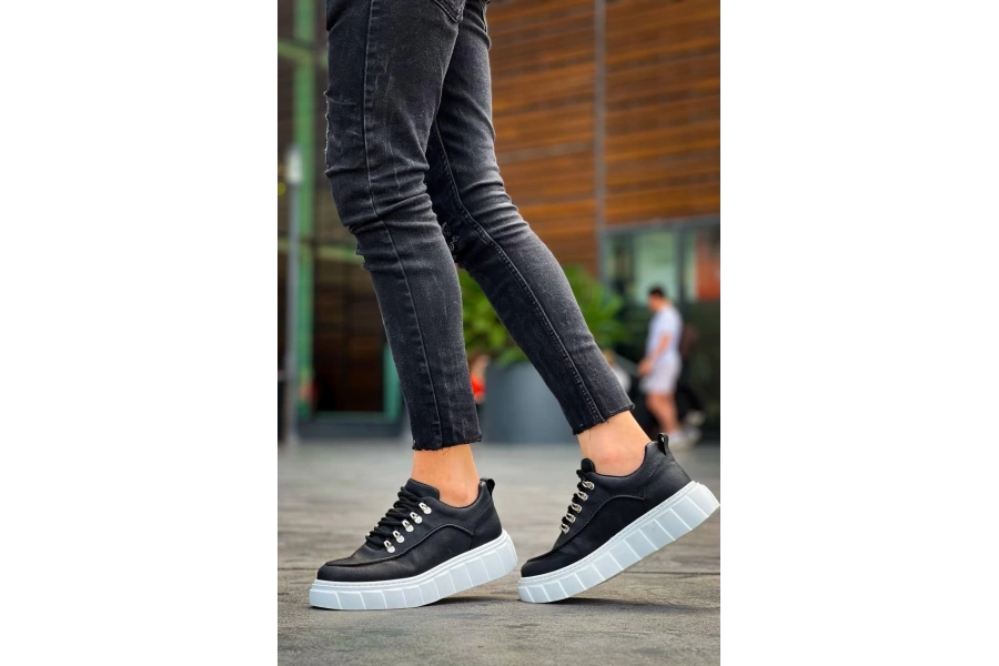 Shoecide Kb-x10 Siyah Cilt  Beyaz Yüksek Taban Günlük Spor Ayakkabı