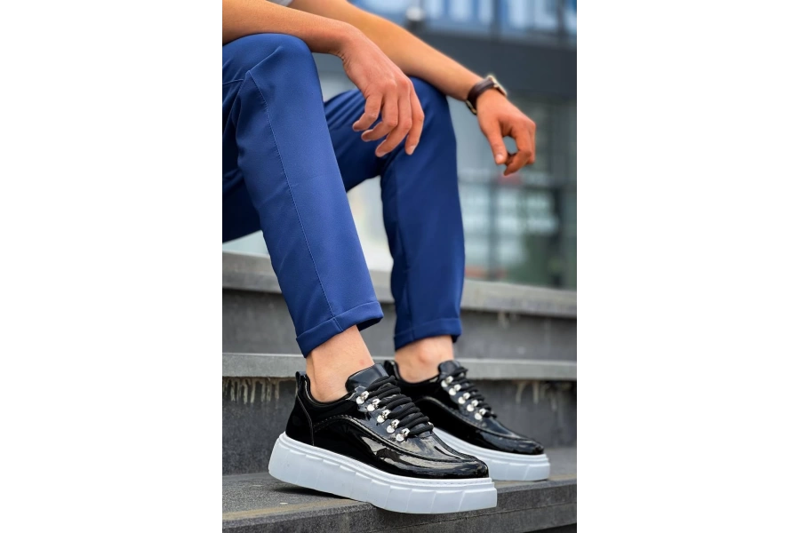 Shoecide Kb-x10 Siyah Rugan Beyaz Yüksek Taban Günlük Spor Ayakkabı