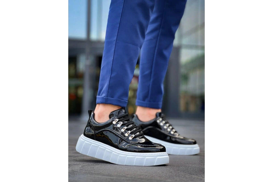 Shoecide Kb-x10 Siyah Rugan Beyaz Yüksek Taban Günlük Spor Ayakkabı