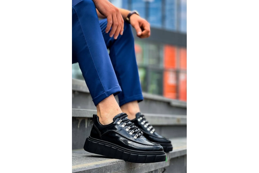Shoecide Kb-x10 Siyah Rugan Siyah Yüksek Taban Günlük Spor Ayakkabı