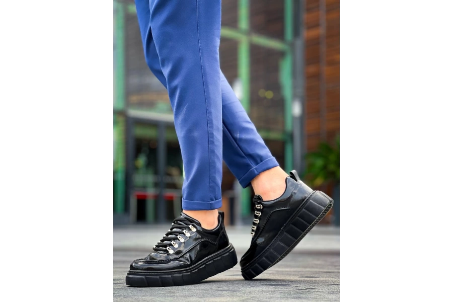 Shoecide Kb-x10 Siyah Rugan Siyah Yüksek Taban Günlük Spor Ayakkabı