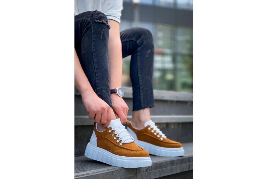Shoecide Kb-x10 Taba Süet Beyaz Yüksek Taban Günlük Spor Ayakkabı