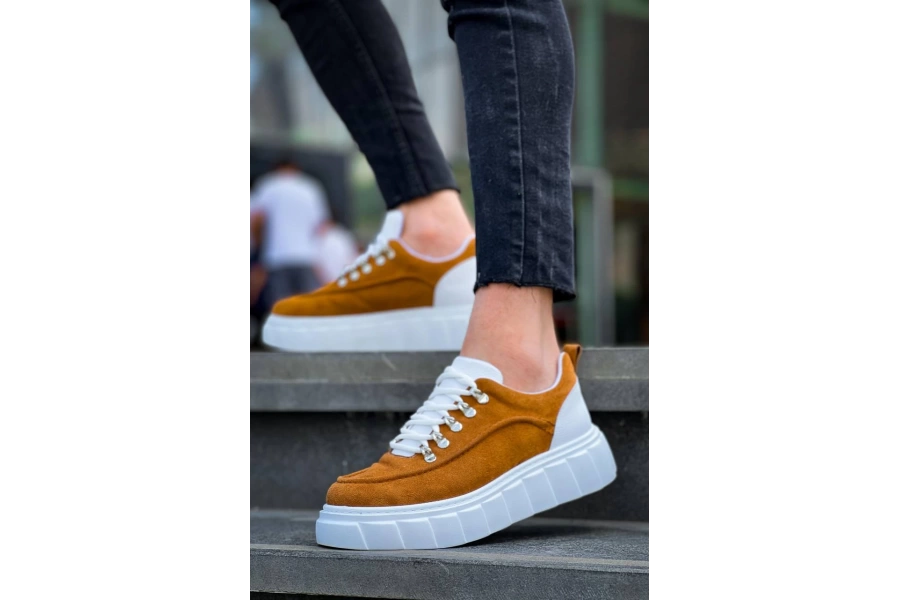 Shoecide Kb-x10 Taba Süet Beyaz Yüksek Taban Günlük Spor Ayakkabı