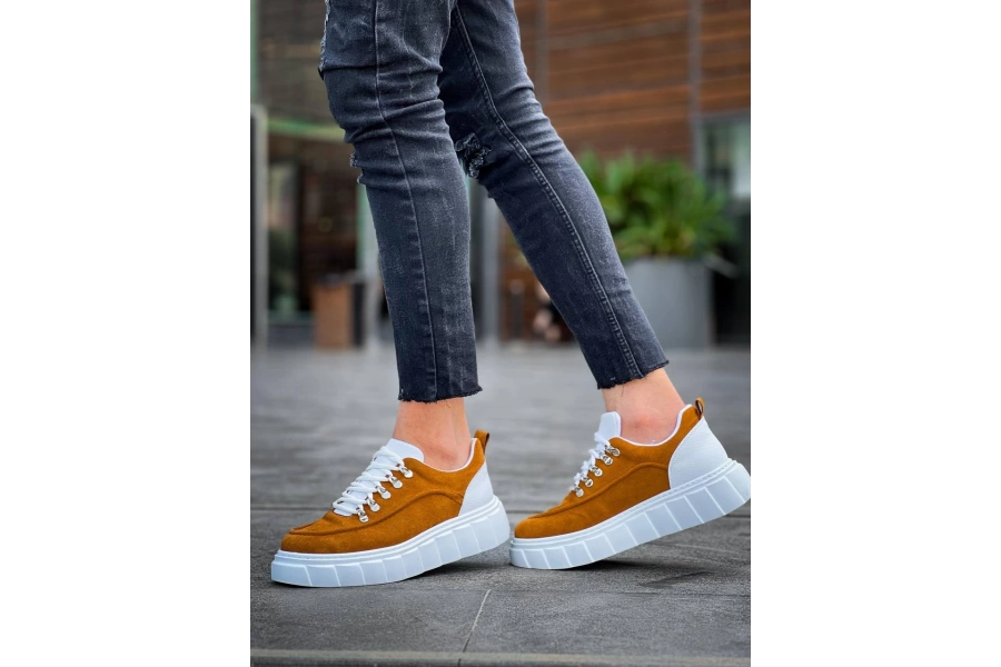 Shoecide Kb-x10 Taba Süet Beyaz Yüksek Taban Günlük Spor Ayakkabı