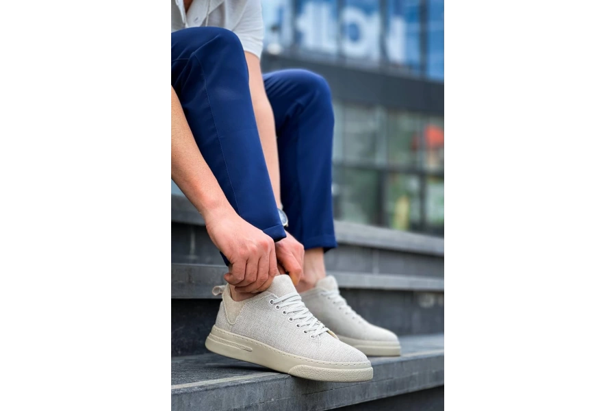Shoecide Kb-x204 Bej Keten Bej Yüksek Taban Günlük Erkek Spor Ayakkabı