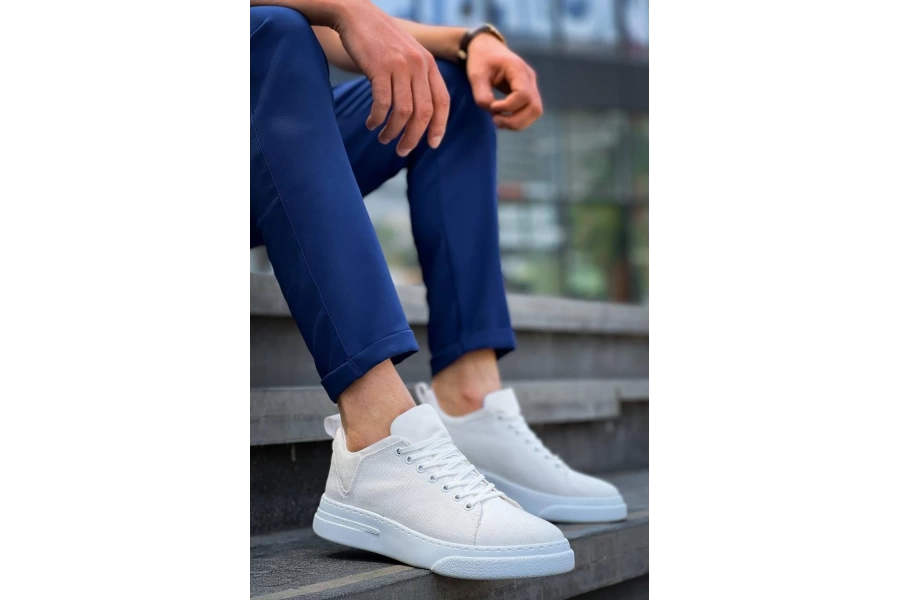 Shoecide Kb-x204 Beyaz Keten Beyaz Yüksek Taban Günlük Erkek Spor Ayakkabı