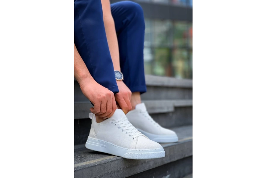 Shoecide Kb-x204 Beyaz Keten Beyaz Yüksek Taban Günlük Erkek Spor Ayakkabı