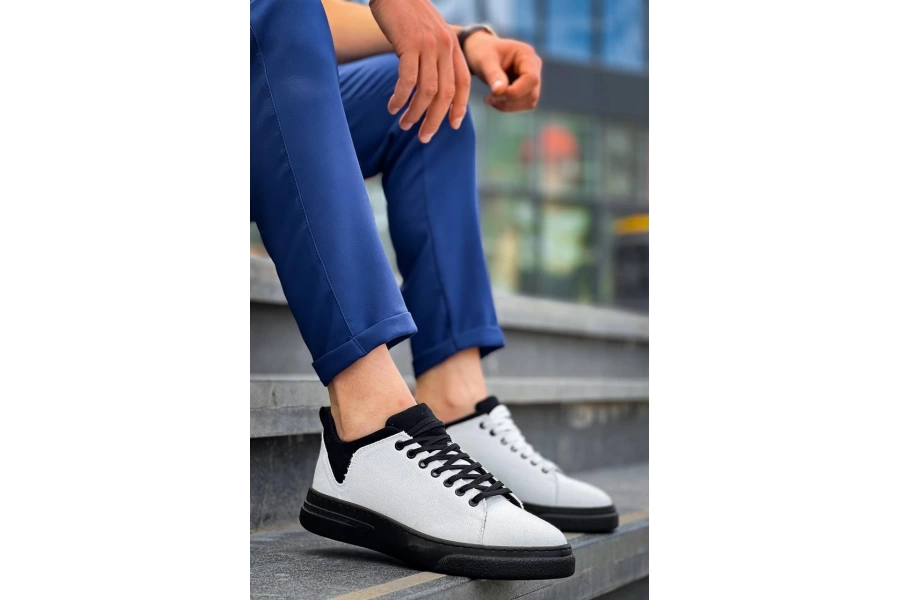 Shoecide Kb-x204 Beyaz Siyah Keten Siyah Yüksek Taban Günlük Erkek Spor Ayakkabı