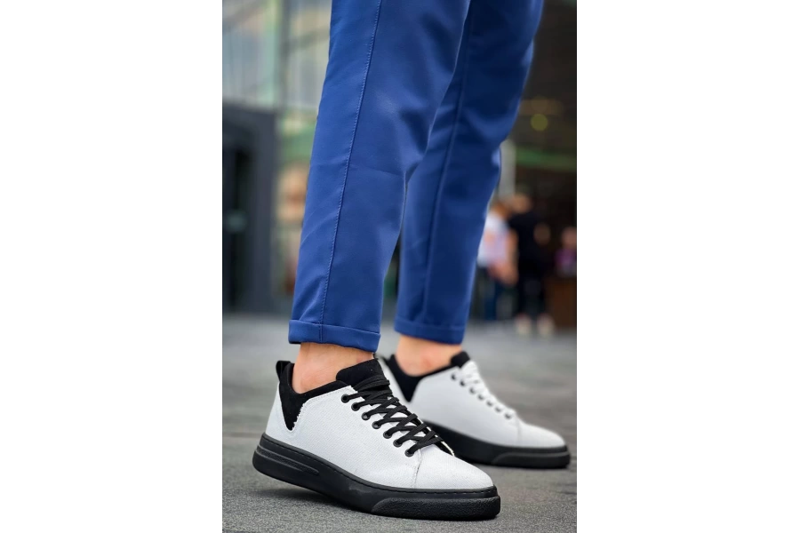 Shoecide Kb-x204 Beyaz Siyah Keten Siyah Yüksek Taban Günlük Erkek Spor Ayakkabı