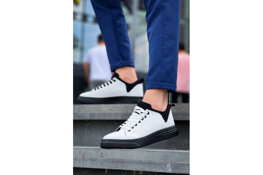 Shoecide Kb-x204 Beyaz Siyah Keten Siyah Yüksek Taban Günlük Erkek Spor Ayakkabı