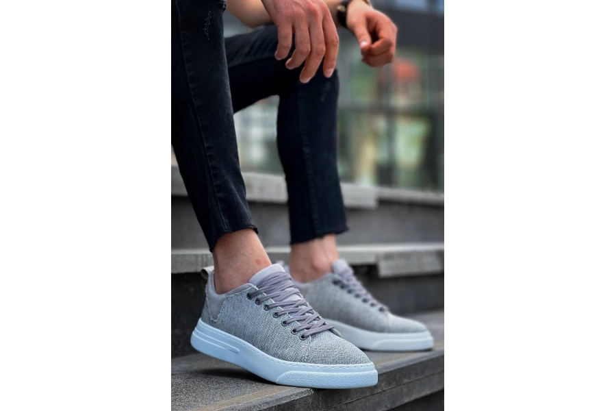 Shoecide Kb-x204 Gri Keten Beyaz Yüksek Taban Günlük Erkek Spor Ayakkabı