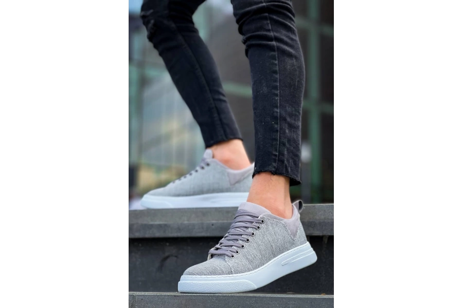 Shoecide Kb-x204 Gri Keten Beyaz Yüksek Taban Günlük Erkek Spor Ayakkabı