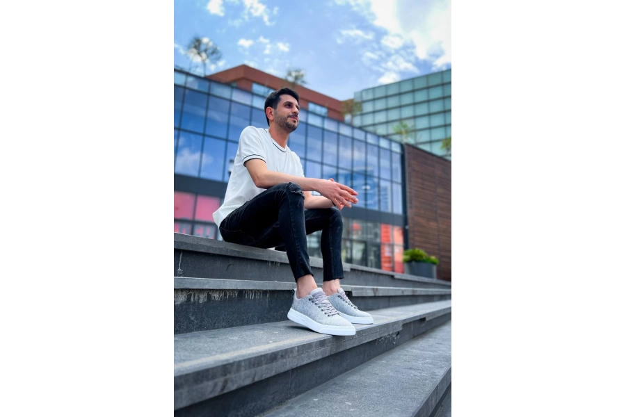 Shoecide Kb-x204 Gri Keten Beyaz Yüksek Taban Günlük Erkek Spor Ayakkabı
