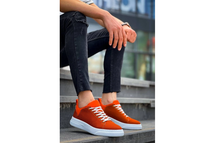 Shoecide Kb-x204 Turuncu Keten Beyaz Yüksek Taban Günlük Erkek Spor Ayakkabı