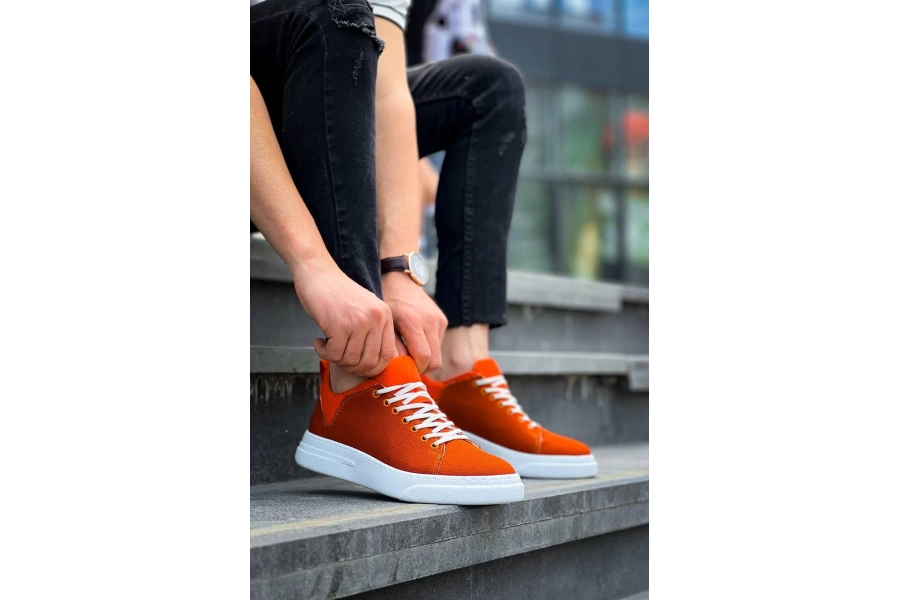 Shoecide Kb-x204 Turuncu Keten Beyaz Yüksek Taban Günlük Erkek Spor Ayakkabı