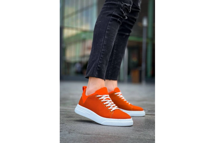Shoecide Kb-x204 Turuncu Keten Beyaz Yüksek Taban Günlük Erkek Spor Ayakkabı