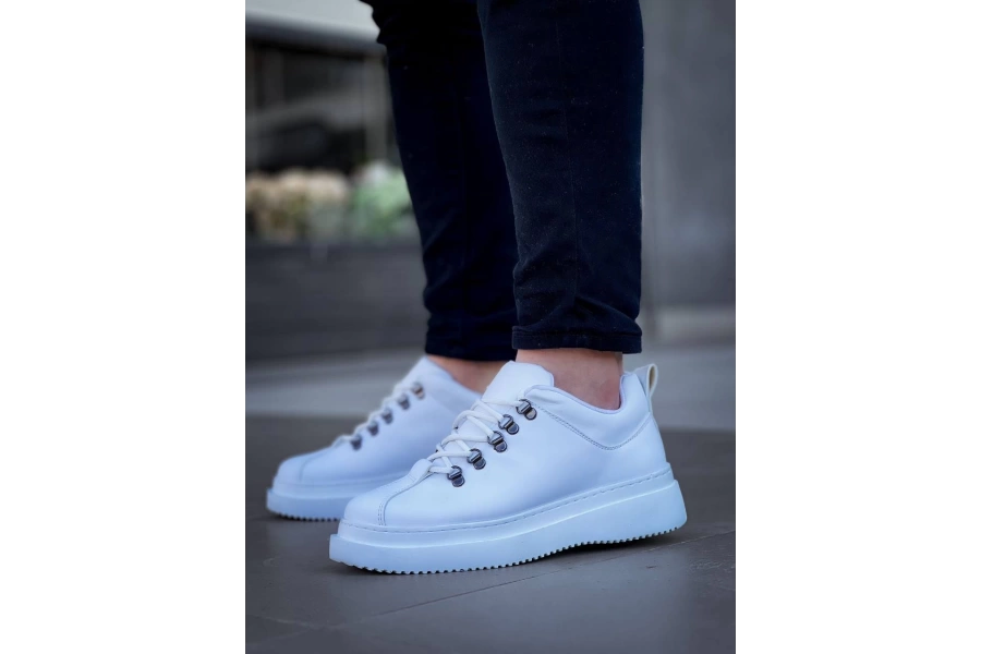 Shoecide Kb-x4 Beyaz Cilt Yüksek Taban Bağcıklı Günlük Erkek Ayakkabı