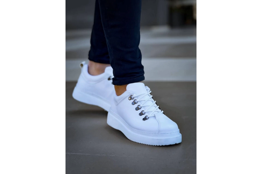 Shoecide Kb-x4 Beyaz Cilt Yüksek Taban Bağcıklı Günlük Erkek Ayakkabı