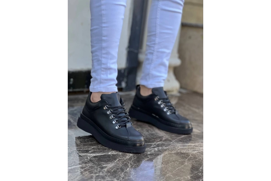 Shoecide Kb-x4 Siyah Cilt Siyah Yüksek Taban Bağcıklı Günlük Erkek Ayakkabı