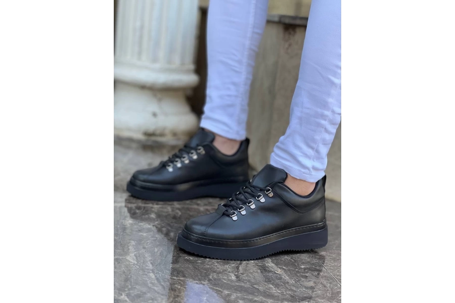 Shoecide Kb-x4 Siyah Cilt Siyah Yüksek Taban Bağcıklı Günlük Erkek Ayakkabı