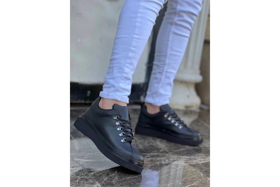 Shoecide Kb-x4 Siyah Cilt Siyah Yüksek Taban Bağcıklı Günlük Erkek Ayakkabı
