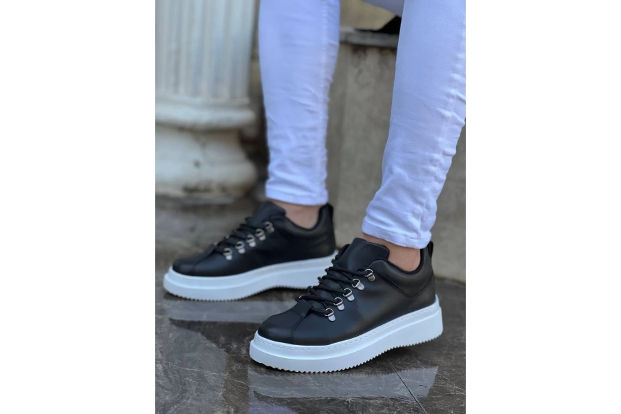 Shoecide Kb-x4 Siyah Cilt Yüksek Taban Bağcıklı Günlük Erkek Ayakkabı