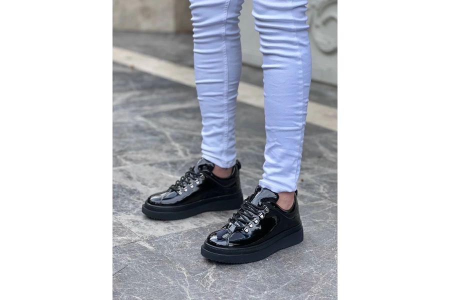 Shoecide Kb-x4 Siyah Rugan Siyah Yüksek Taban Bağcıklı Günlük Erkek Ayakkabı