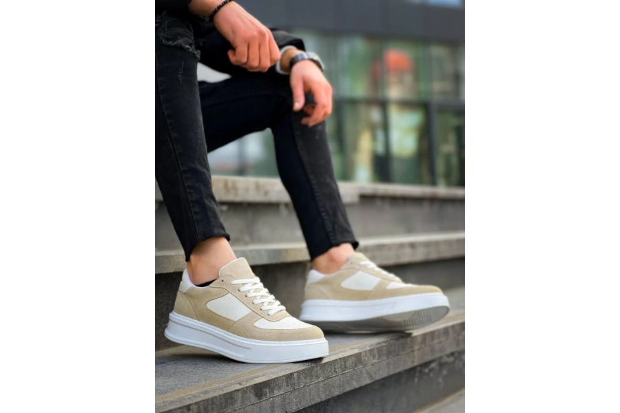 Shoecide Kb-x8 Bej Keten Süet Yüksek Taban Günlük Spor Ayakkabı