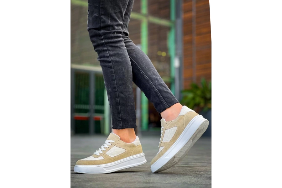Shoecide Kb-x8 Bej Keten Süet Yüksek Taban Günlük Spor Ayakkabı