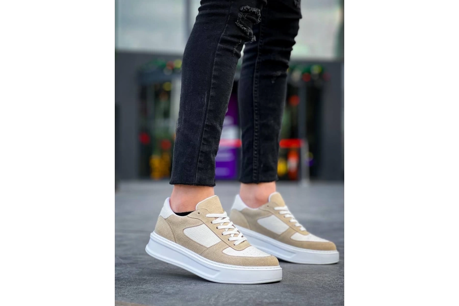 Shoecide Kb-x8 Bej Keten Süet Yüksek Taban Günlük Spor Ayakkabı
