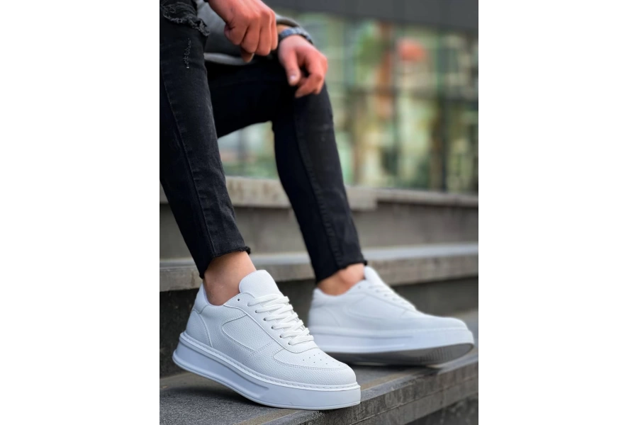 Shoecide Kb-x8 Beyaz Cilt Beyaz Yüksek Taban Günlük Spor Ayakkabı