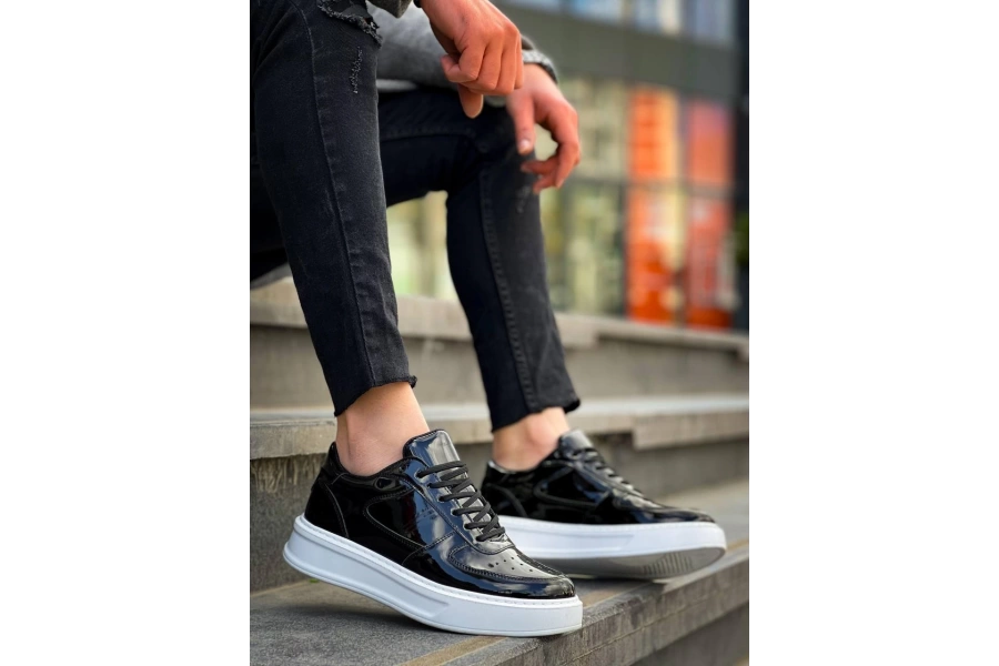 Shoecide Kb-x8 Siyah Rugan Detaylı Beyaz Yüksek Taban Günlük Spor Ayakkabı