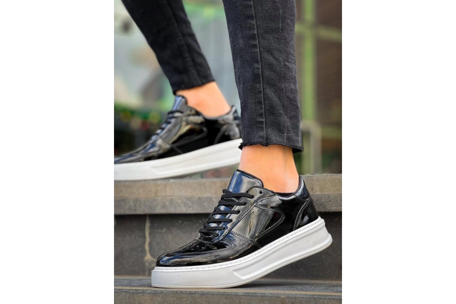 Shoecide Kb-x8 Siyah Rugan Detaylı Beyaz Yüksek Taban Günlük Spor Ayakkabı