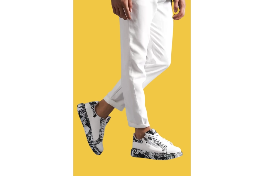 Shoecide Kb02 Bağcıklı Fermuarlı Rahat Yüksek Taban Crocodile Beyaz Siyah Erkek Günlük Ayakkabı