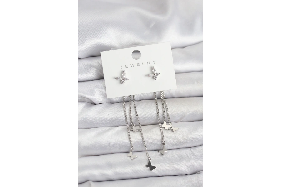 Shoecide Kelebek Model Gümüş Renk Pirinç Sallantılı Kadın Küpe