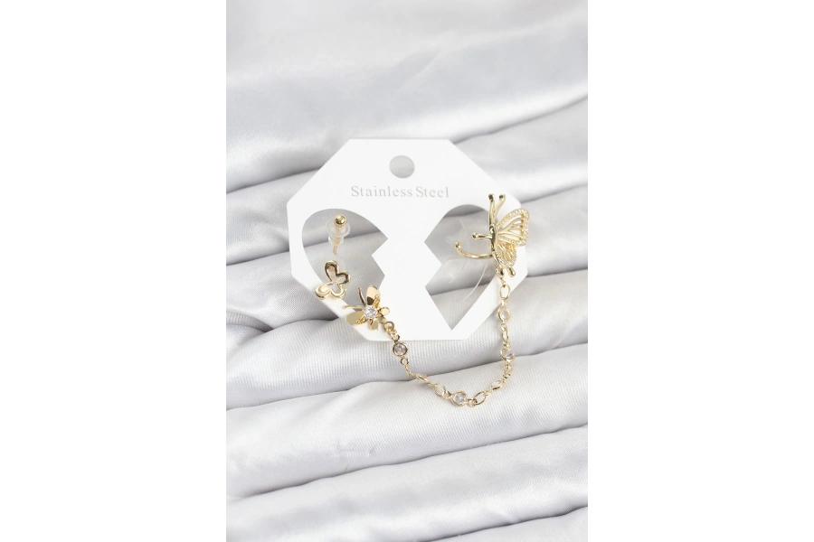 Shoecide Kelebekli Model Pirinç Gold Renk Zincir Bağlantılı Ear Cuff Küpe Seti