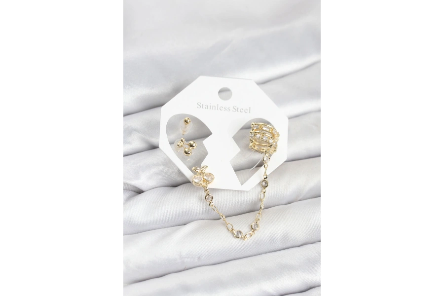 Shoecide Kiraz Model Pirinç Gold Renk Zincir Bağlantılı Ear Cuff Küpe Seti