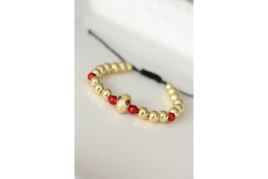 Shoecide Kırmızı Gözlü Maske Figürlü Gold Renk Çelik Bileklik